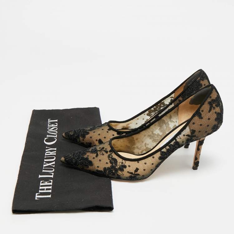 Pre Owned Jimmy Choo Amika Size 38.5 Black Mesh and Lace Pumps