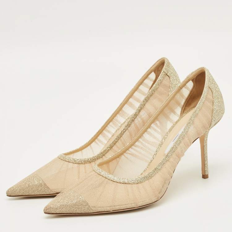 Pre Owned Jimmy Choo Love Size 42 Gold Glitter and Mesh Pumps