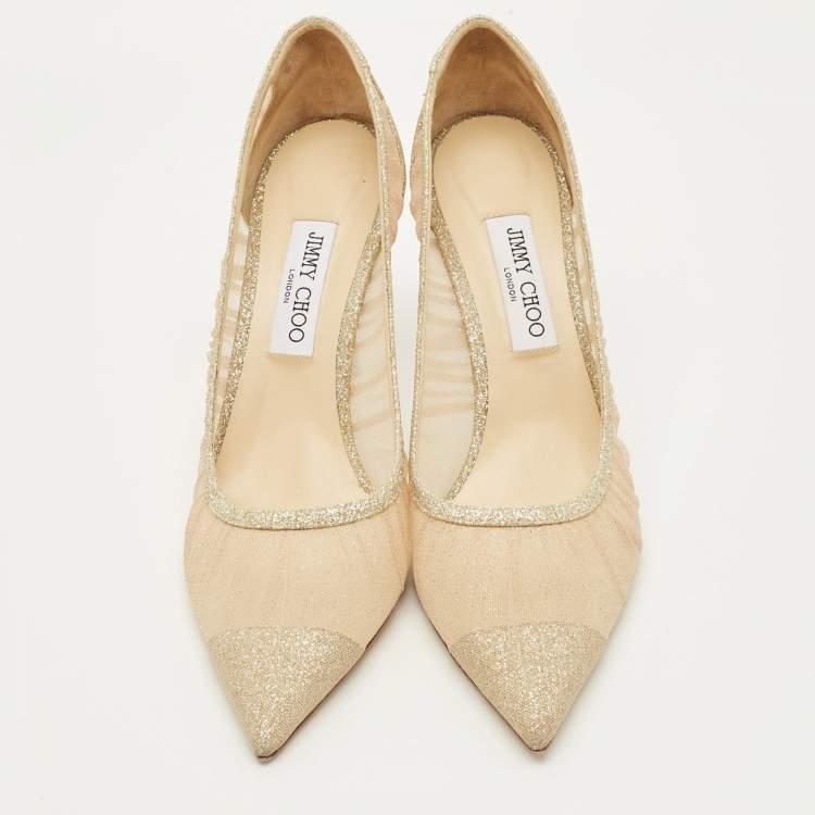 Pre Owned Jimmy Choo Love Size 42 Gold Glitter and Mesh Pumps