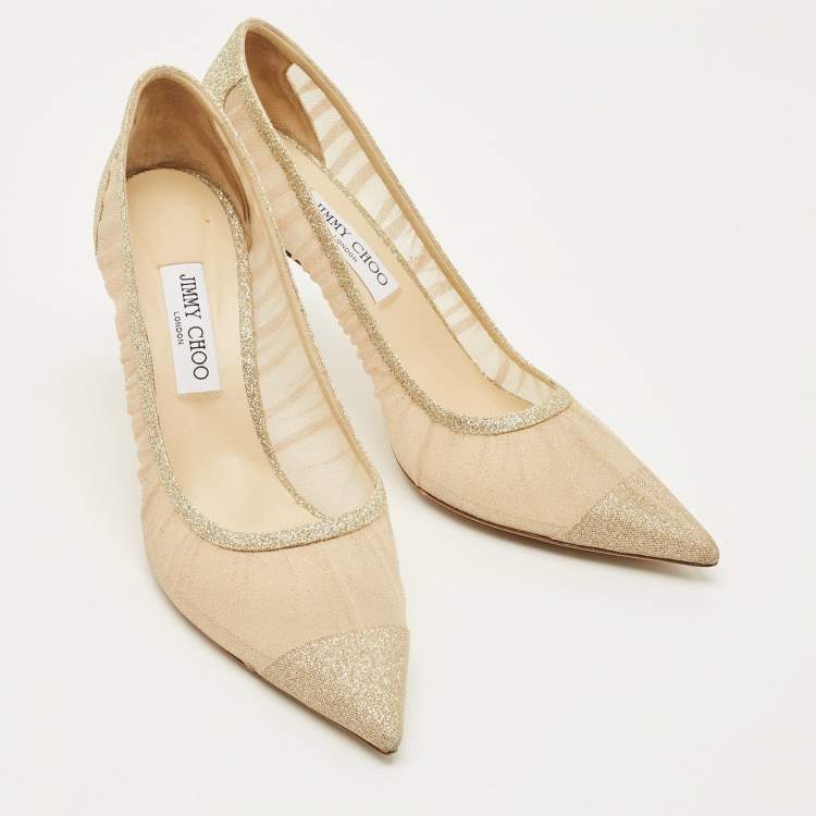 Pre Owned Jimmy Choo Love Size 42 Gold Glitter and Mesh Pumps