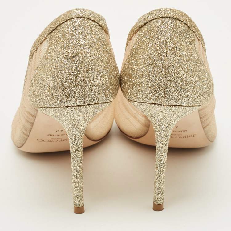 Pre Owned Jimmy Choo Love Size 42 Gold Glitter and Mesh Pumps