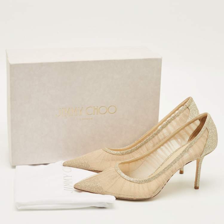 Pre Owned Jimmy Choo Love Size 42 Gold Glitter and Mesh Pumps