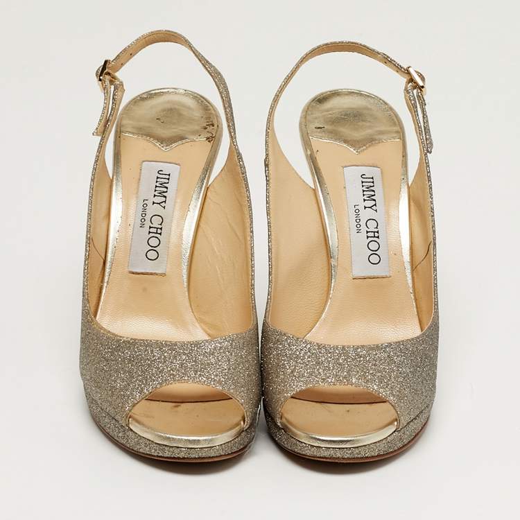 Pre Owned Jimmy Choo Size 36.5 Metallic Glitter Slingback Platform Pumps
