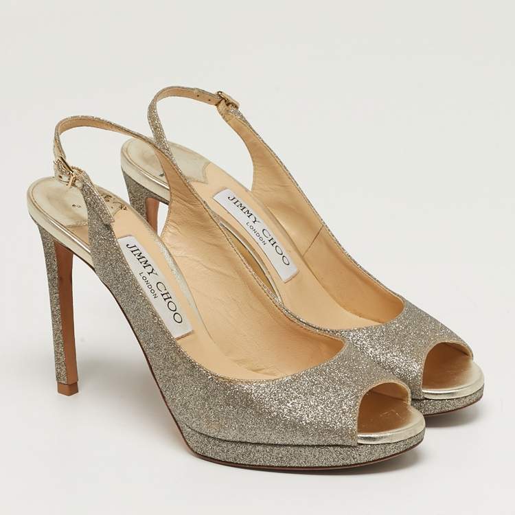 Pre Owned Jimmy Choo Size 36.5 Metallic Glitter Slingback Platform Pumps