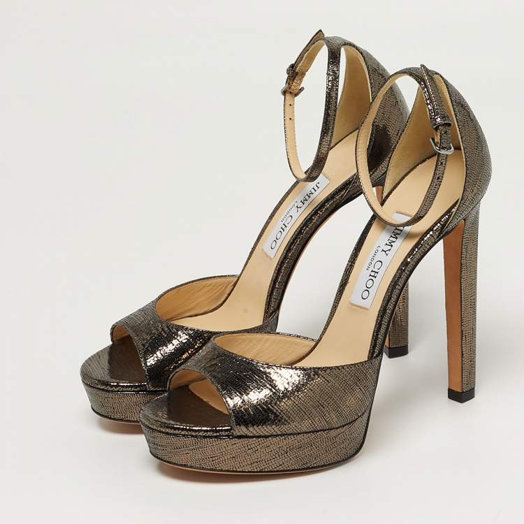 Pre Owned Jimmy Choo Size 38.5 Gold Foil Leather Ankle Strap Sandals