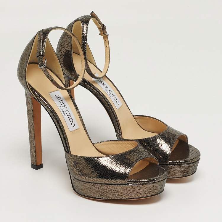 Pre Owned Jimmy Choo Size 38.5 Gold Foil Leather Ankle Strap Sandals