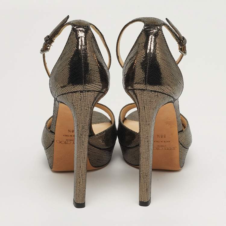 Pre Owned Jimmy Choo Size 38.5 Gold Foil Leather Ankle Strap Sandals