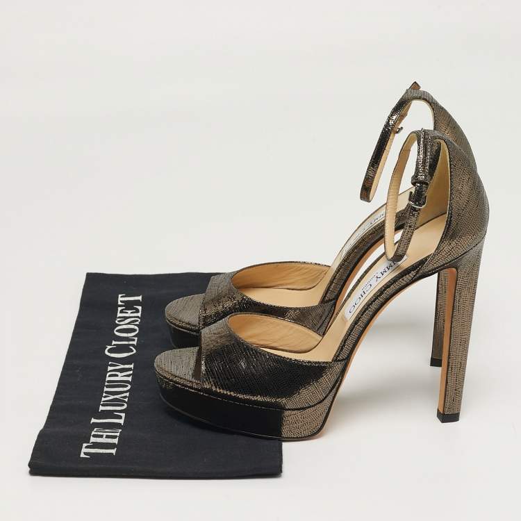 Pre Owned Jimmy Choo Size 38.5 Gold Foil Leather Ankle Strap Sandals