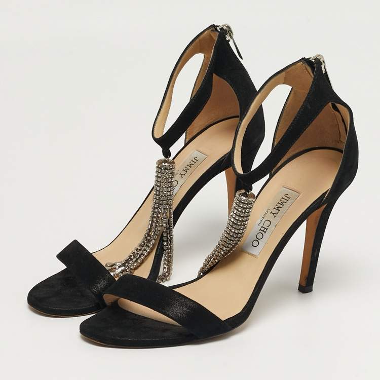 Pre Owned Jimmy Choo  Size 38 Black Suede Viola Crystal Fringe Sandals 