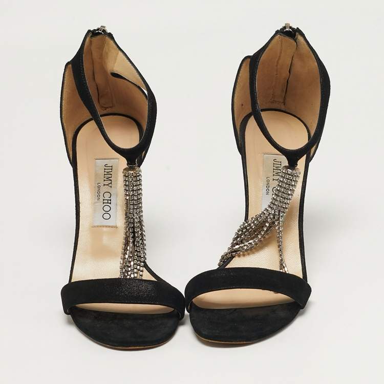 Pre Owned Jimmy Choo  Size 38 Black Suede Viola Crystal Fringe Sandals 