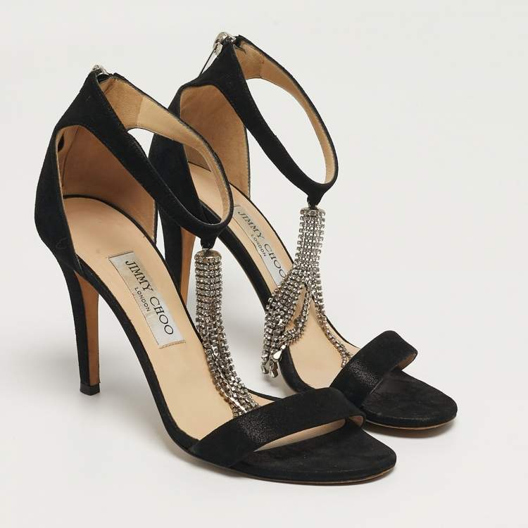 Pre Owned Jimmy Choo  Size 38 Black Suede Viola Crystal Fringe Sandals 