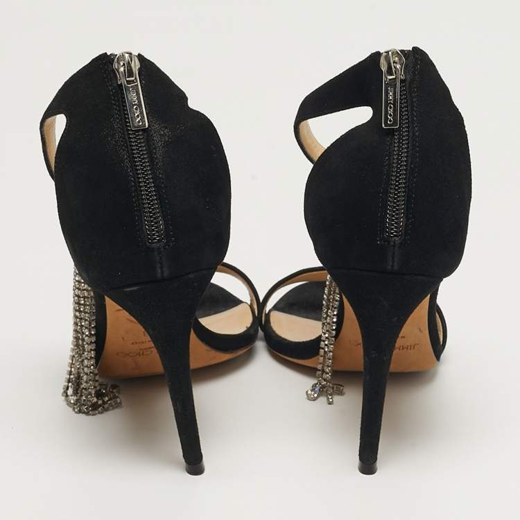 Pre Owned Jimmy Choo  Size 38 Black Suede Viola Crystal Fringe Sandals 