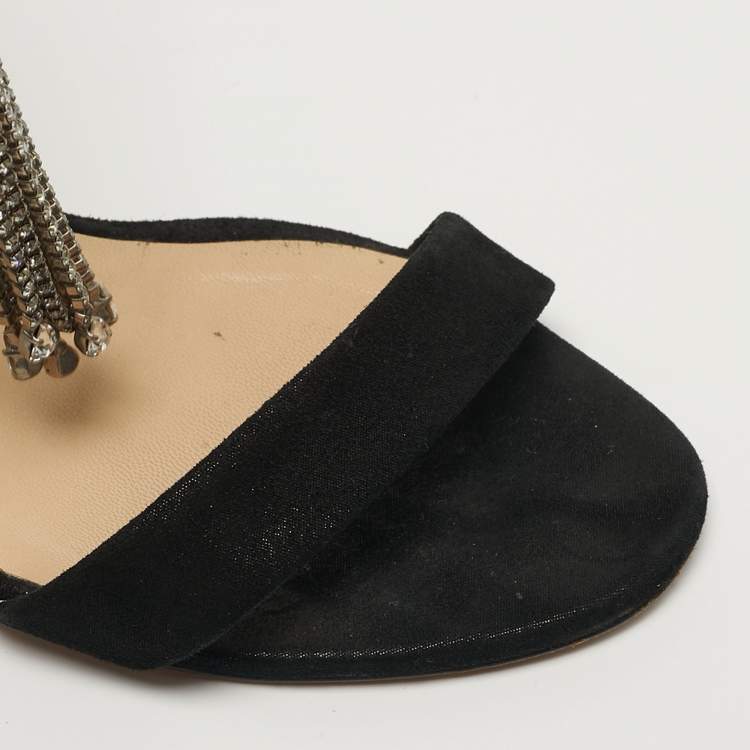 Pre Owned Jimmy Choo  Size 38 Black Suede Viola Crystal Fringe Sandals 