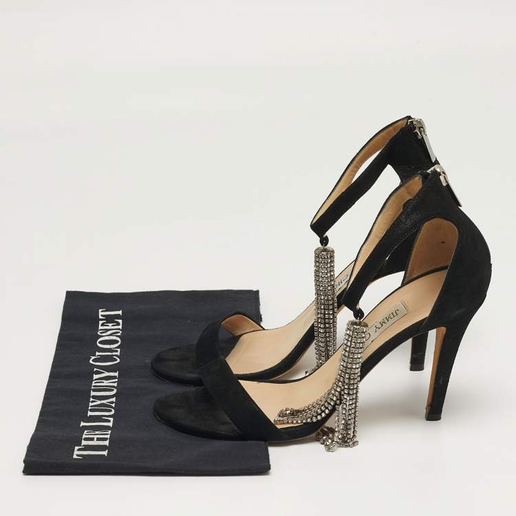 Pre Owned Jimmy Choo  Size 38 Black Suede Viola Crystal Fringe Sandals 