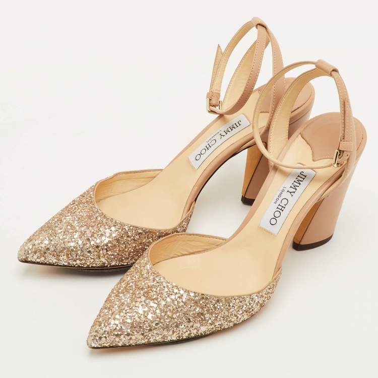 Pre Owned Jimmy Choo Micky Size 39.5 Beige Glitter and Leather Ankle Wrap Pumps