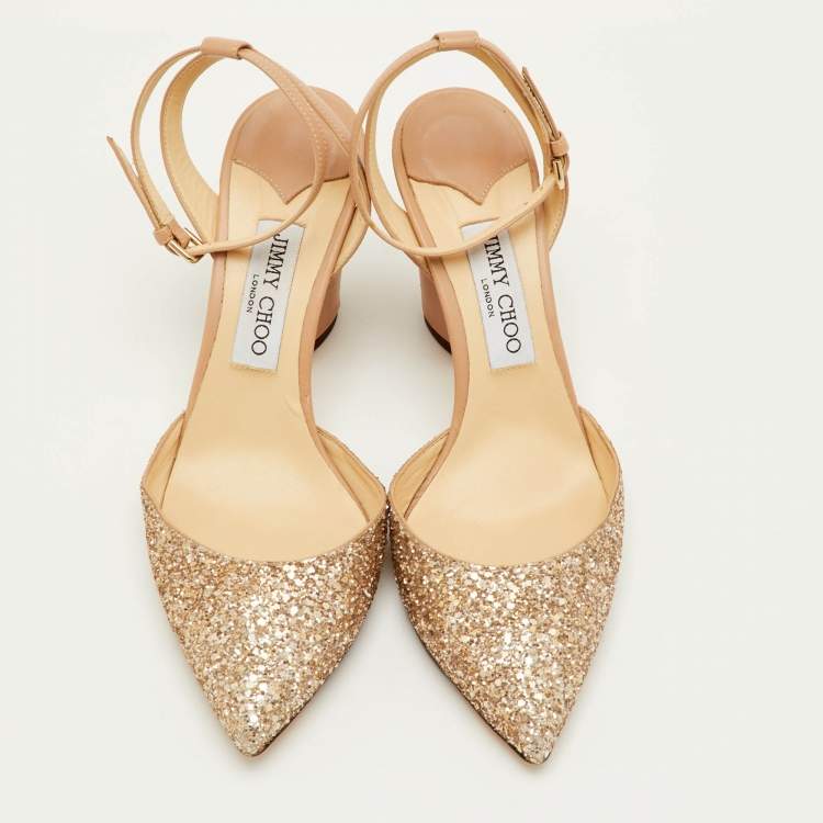 Pre Owned Jimmy Choo Micky Size 39.5 Beige Glitter and Leather Ankle Wrap Pumps