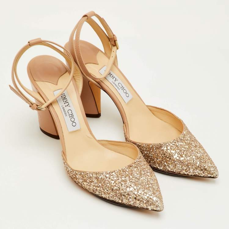 Pre Owned Jimmy Choo Micky Size 39.5 Beige Glitter and Leather Ankle Wrap Pumps
