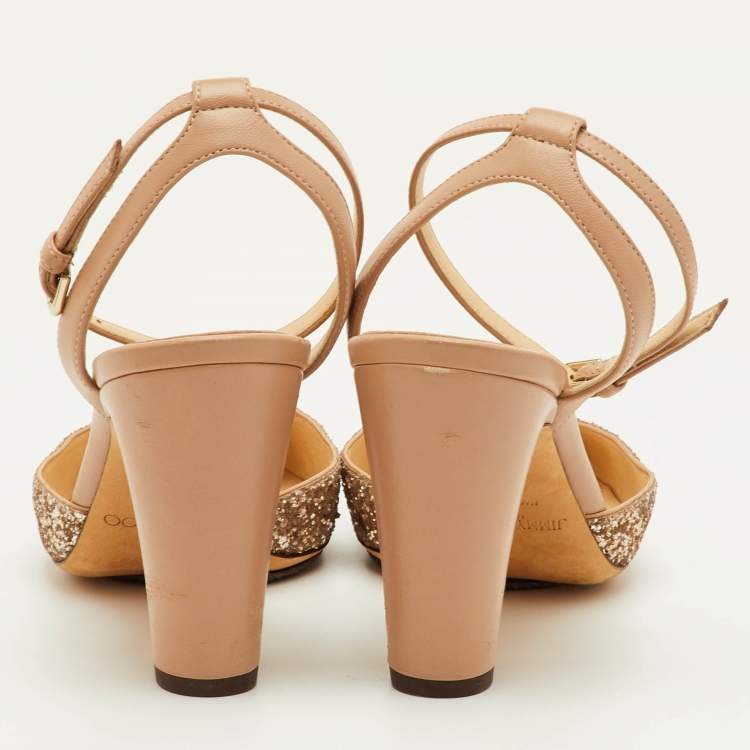 Pre Owned Jimmy Choo Micky Size 39.5 Beige Glitter and Leather Ankle Wrap Pumps