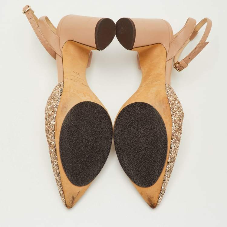Pre Owned Jimmy Choo Micky Size 39.5 Beige Glitter and Leather Ankle Wrap Pumps