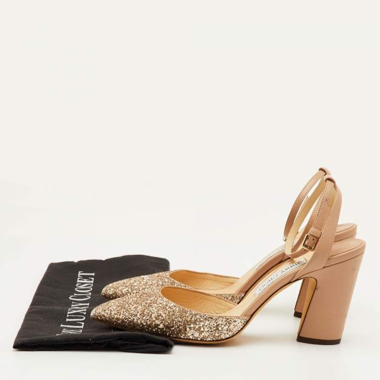 Pre Owned Jimmy Choo Micky Size 39.5 Beige Glitter and Leather Ankle Wrap Pumps