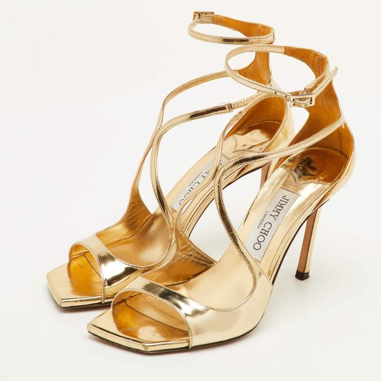 مملوكة مسبقًا Jimmy Choo Azia Size 36.5 Gold Leather Ankle Strap Sandals