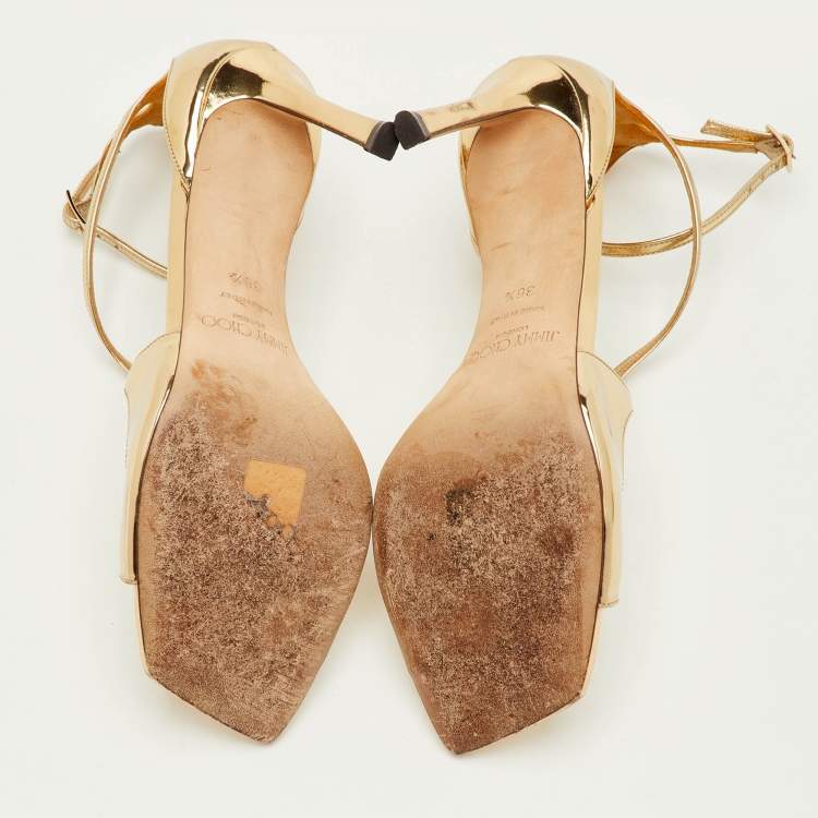 مملوكة مسبقًا Jimmy Choo Azia Size 36.5 Gold Leather Ankle Strap Sandals