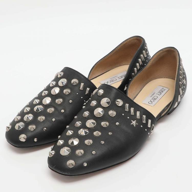 Pre Owned Jimmy Choo Globe Size 37.5 Black Studded Leather Ballet Flat