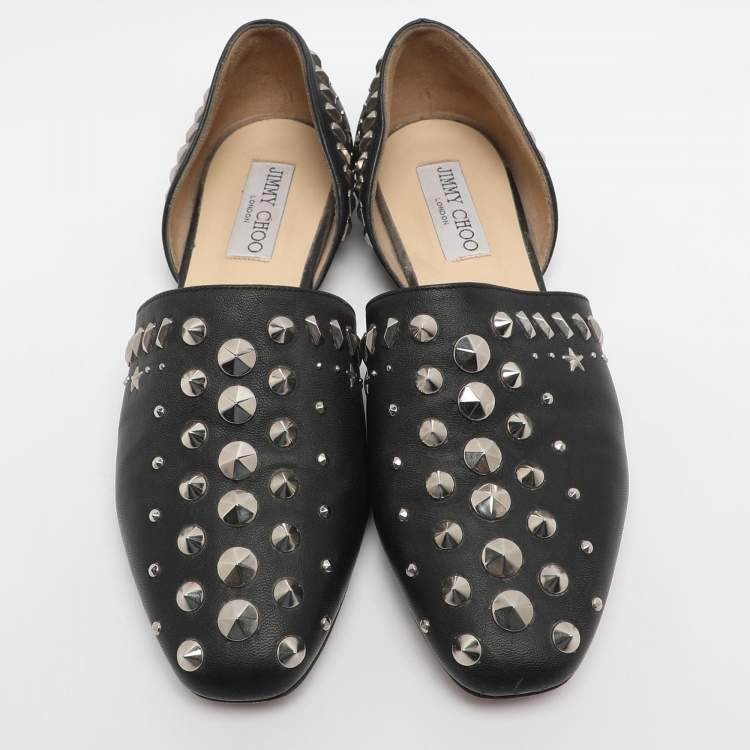 Pre Owned Jimmy Choo Globe Size 37.5 Black Studded Leather Ballet Flat