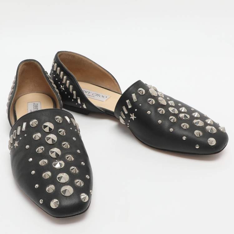 Pre Owned Jimmy Choo Globe Size 37.5 Black Studded Leather Ballet Flat