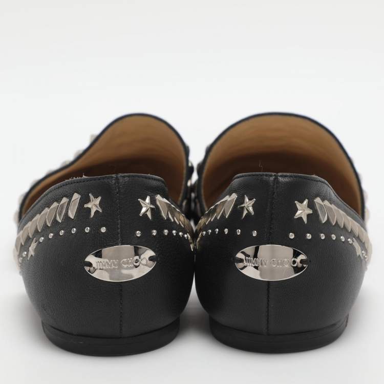 Pre Owned Jimmy Choo Globe Size 37.5 Black Studded Leather Ballet Flat