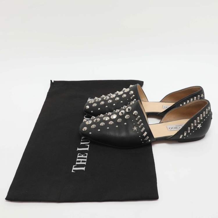 Pre Owned Jimmy Choo Globe Size 37.5 Black Studded Leather Ballet Flat