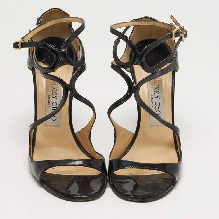 Pre Owned Jimmy Choo Paxton Size 38 Black Patent Leather Cross Strap Sandals
