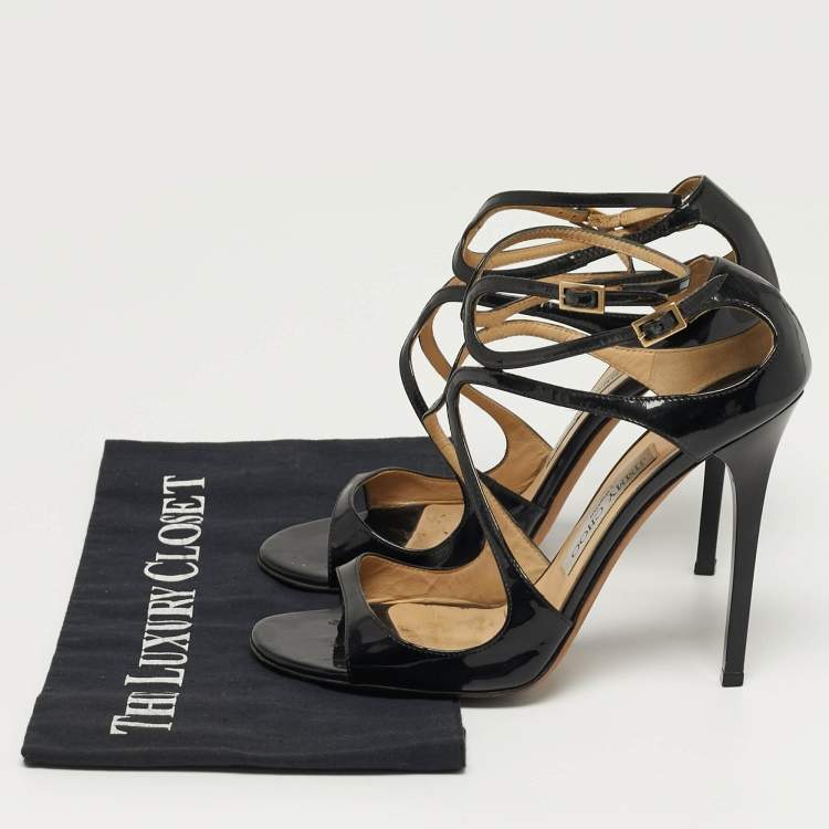 Pre Owned Jimmy Choo Paxton Size 38 Black Patent Leather Cross Strap Sandals