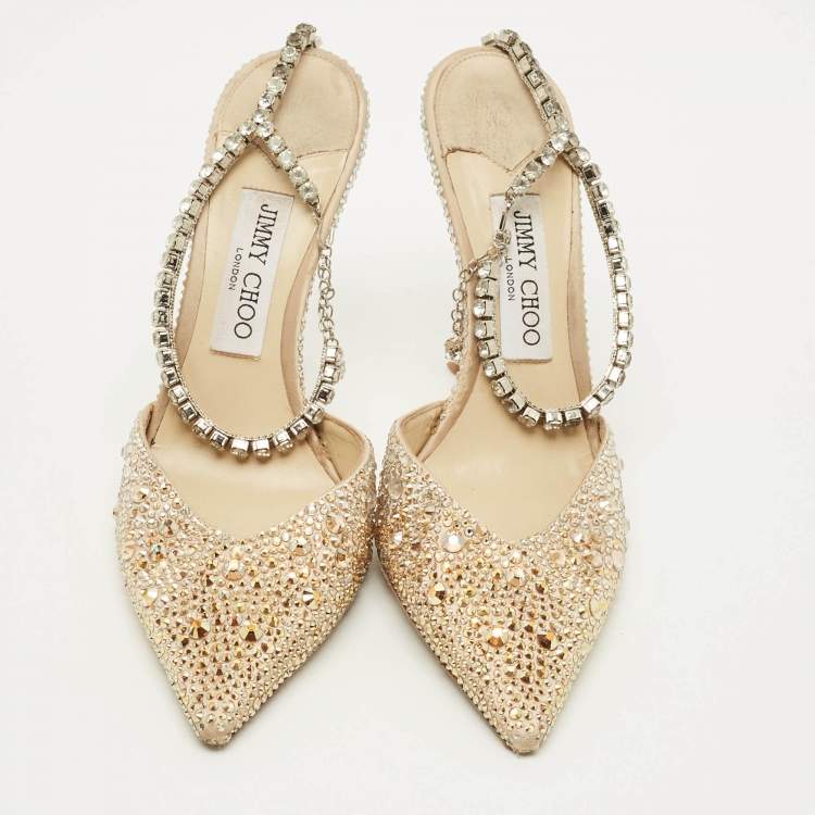Pre Owned Jimmy Choo Saeda Size 39 Beige Satin Crystal Embellishments Ankle Strap Pumps