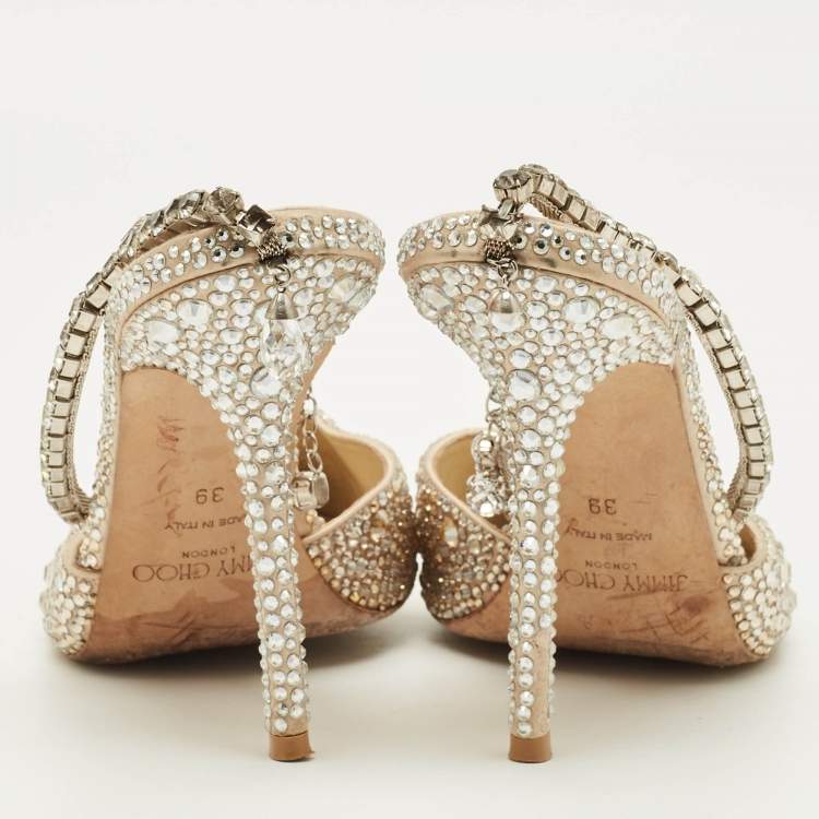 Pre Owned Jimmy Choo Saeda Size 39 Beige Satin Crystal Embellishments Ankle Strap Pumps
