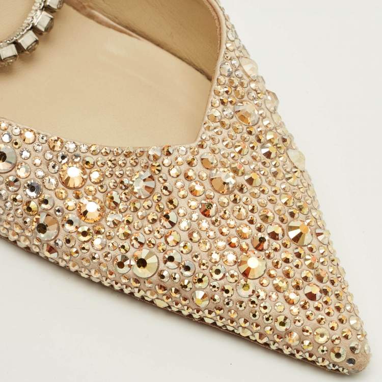 Pre Owned Jimmy Choo Saeda Size 39 Beige Satin Crystal Embellishments Ankle Strap Pumps