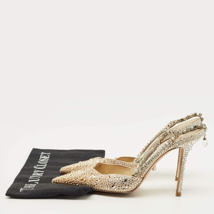 Pre Owned Jimmy Choo Saeda Size 39 Beige Satin Crystal Embellishments Ankle Strap Pumps
