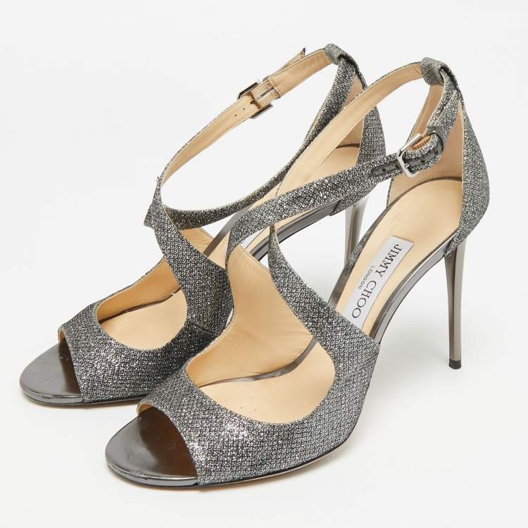Pre Owned Jimmy Choo Emily Size 40 Grey Coarse Glitter and Leather Ankle Strap Sandals