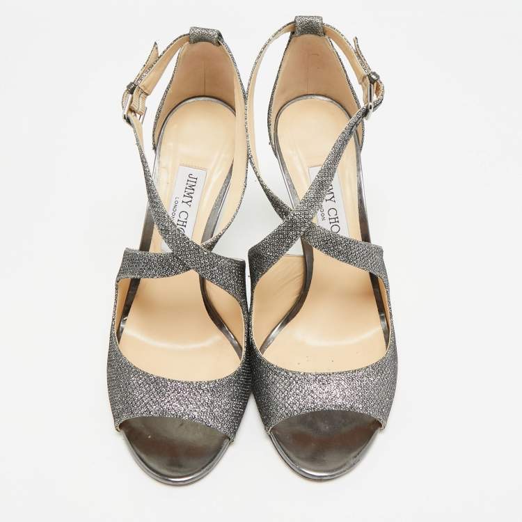 Pre Owned Jimmy Choo Emily Size 40 Grey Coarse Glitter and Leather Ankle Strap Sandals