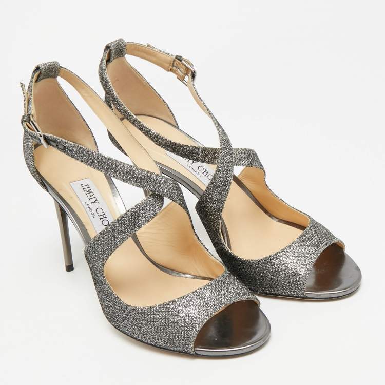 Pre Owned Jimmy Choo Emily Size 40 Grey Coarse Glitter and Leather Ankle Strap Sandals