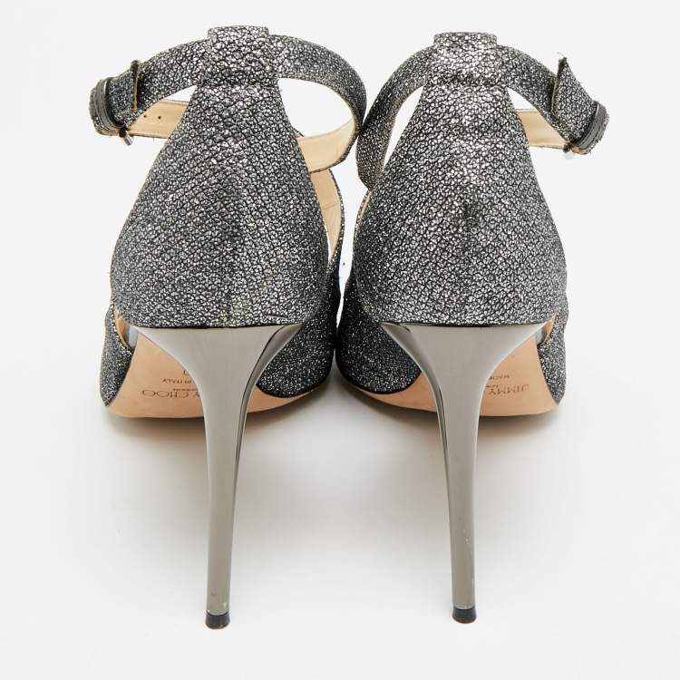 Pre Owned Jimmy Choo Emily Size 40 Grey Coarse Glitter and Leather Ankle Strap Sandals