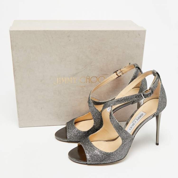 Pre Owned Jimmy Choo Emily Size 40 Grey Coarse Glitter and Leather Ankle Strap Sandals