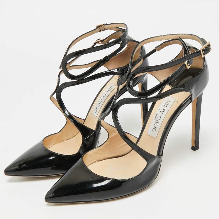 Pre Owned Jimmy Choo Lancer Size 40 Black Patent Leather Strappy Pumps