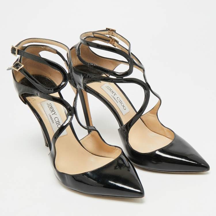 Pre Owned Jimmy Choo Lancer Size 40 Black Patent Leather Strappy Pumps