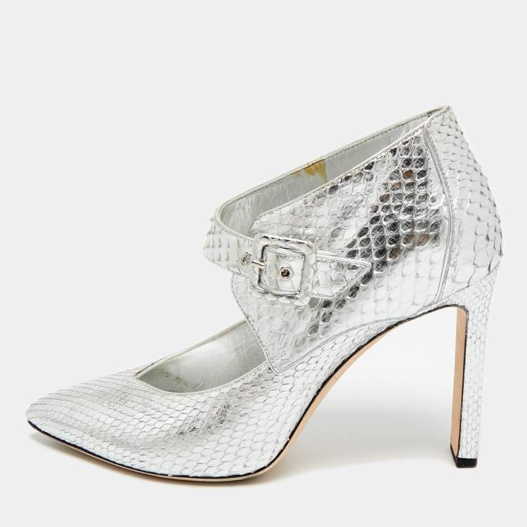Pre Owned Jimmy Choo Letty 100 Size 38.5 Silver Python Leather Ankle Length Boots