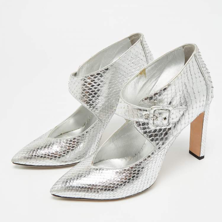 Pre Owned Jimmy Choo Letty 100 Size 38.5 Silver Python Leather Ankle Length Boots