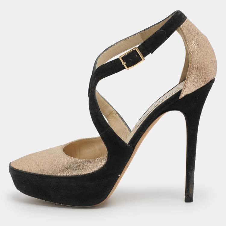 Pre Owned Jimmy Choo Size 38.5 Gold Glitter and Suede Platform Ankle Strap Pumps