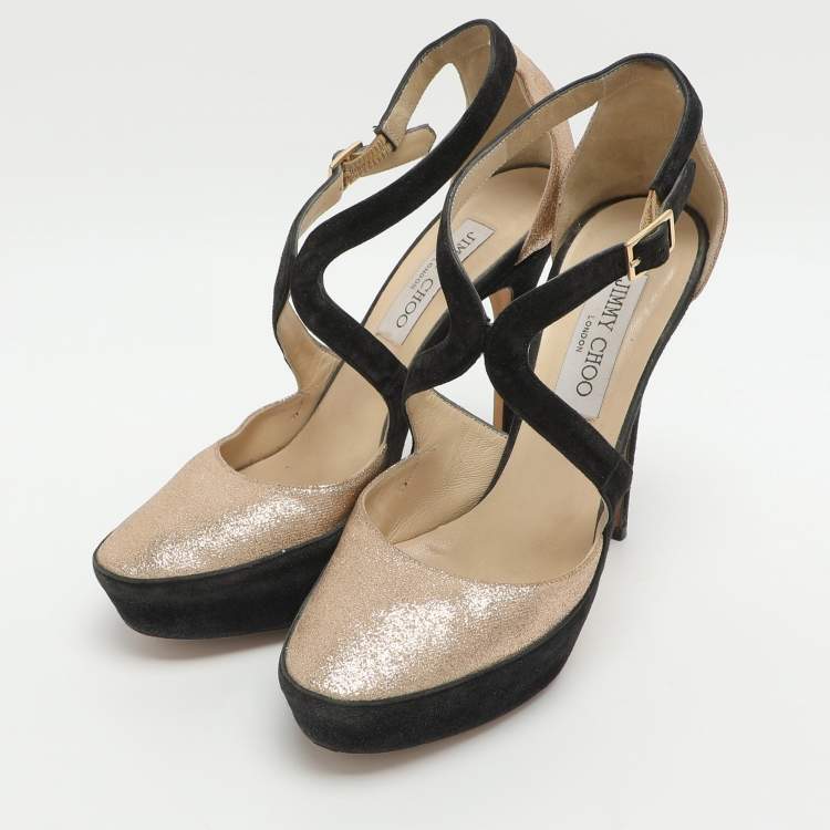 Pre Owned Jimmy Choo Size 38.5 Gold Glitter and Suede Platform Ankle Strap Pumps