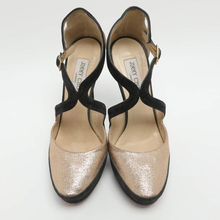 Pre Owned Jimmy Choo Size 38.5 Gold Glitter and Suede Platform Ankle Strap Pumps