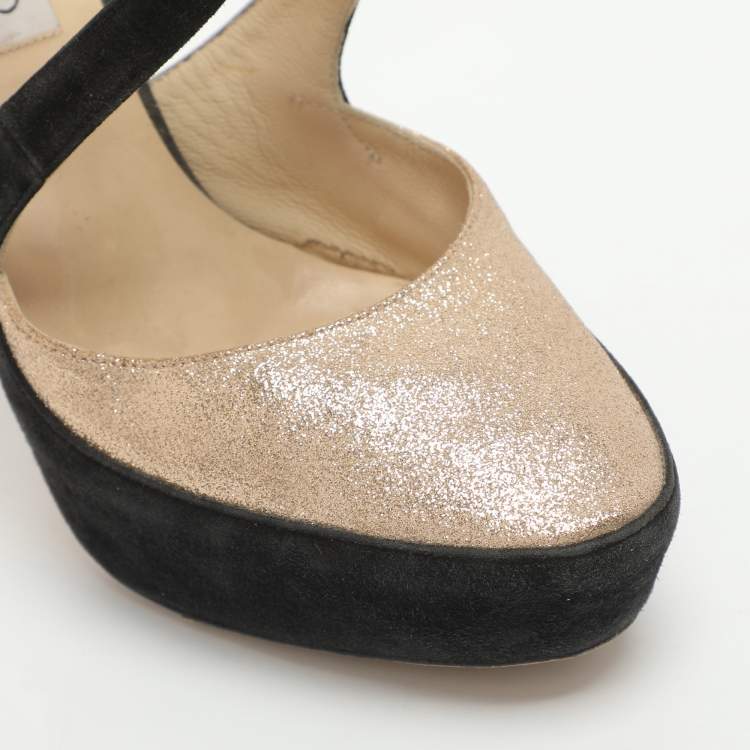 Pre Owned Jimmy Choo Size 38.5 Gold Glitter and Suede Platform Ankle Strap Pumps